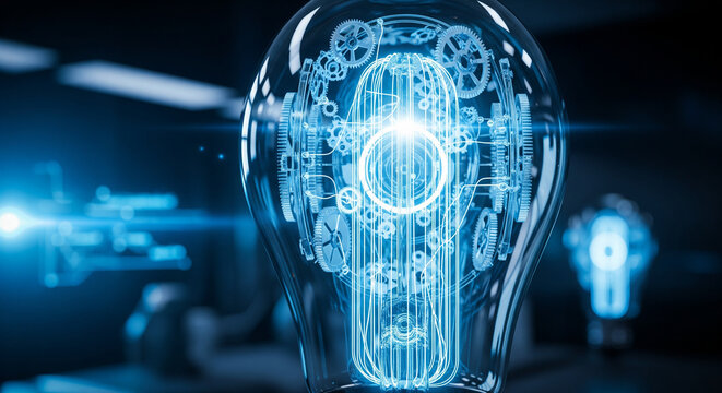 futuristic, technology, light bulb, gears, innovation, neon blue, mechanical, concept, idea, glowing, engineering, digital style, high tech, invention, modern design