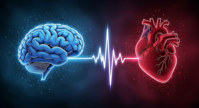 Human brain and heart connected by a glowing pulse line