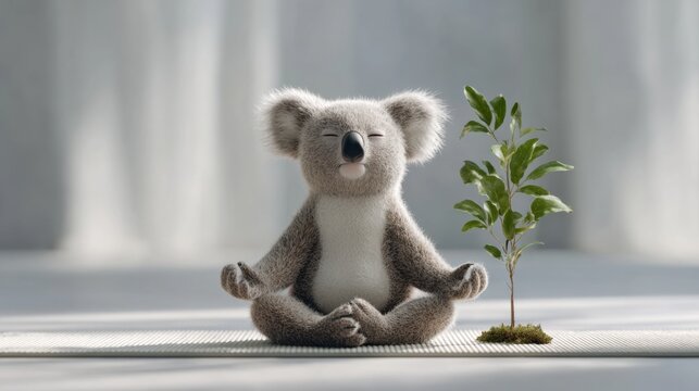 Cute koala meditates peacefully eyes closed lotus position beside small green tree practicing mindfulness.