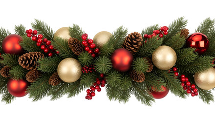 A lush, full christmas garland made of green fir branches, decorated with red baubles, golden ornaments, pine cones, and red berries