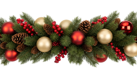 A lush, full christmas garland made of green fir branches, decorated with red baubles, golden ornaments, pine cones, and red berries
