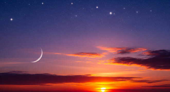sunset, crescent moon, evening sky, stars, twilight, scenic, peaceful, dusk, colorful sky, nature, romantic, magic atmosphere, landscape, nightfall, clouds