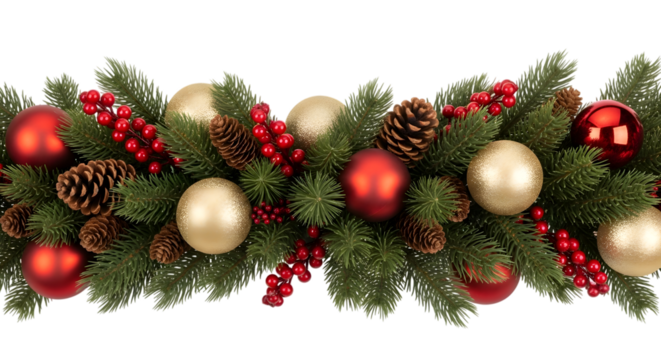 A lush, full christmas garland made of green fir branches, decorated with red baubles, golden ornaments, pine cones, and red berries