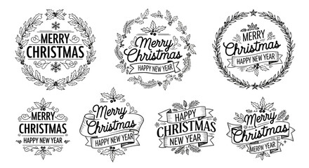 christmas tex line set desing isolated on white background