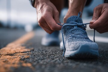 Athlete prepares for running by tying shoelaces on a road