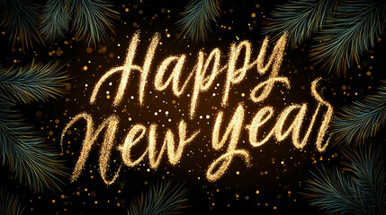 Happy New Year 2026 Text Christmas Gold Sparkles Bokeh Defocused Effect Background