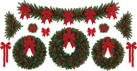 Christmas wreath and garland vector set with red bows and holly berries, festive winter holiday decoration elements for seasonal design projects