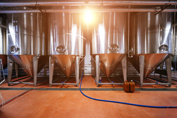 Stainless steel cylinders in private craft brewery or winery production line