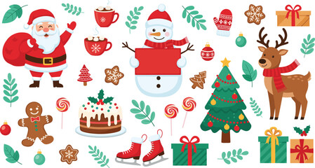 Cute Christmas cartoon vector set with Santa, snowman, reindeer, gifts, tree, cookies, hot cocoa, ice skates and festive holiday elements