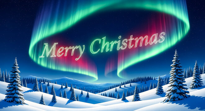 Merry christmas text with aurora borealis over snowy winter landscape at nighttime on transparent background - Powered by Adobe