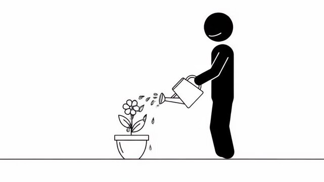 Animated depiction of a stick figure nurturing a flower with water from a watering can for plant
