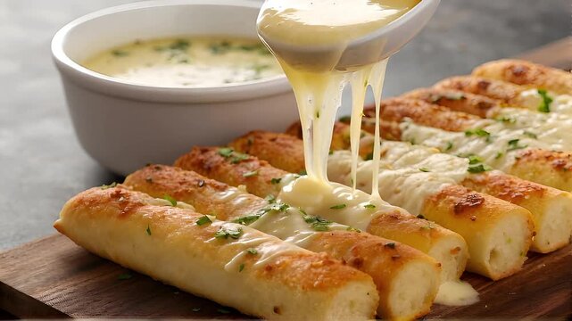 Garlic butter sauce poured onto cheesy breadsticks, macro shot with melted cheese pull