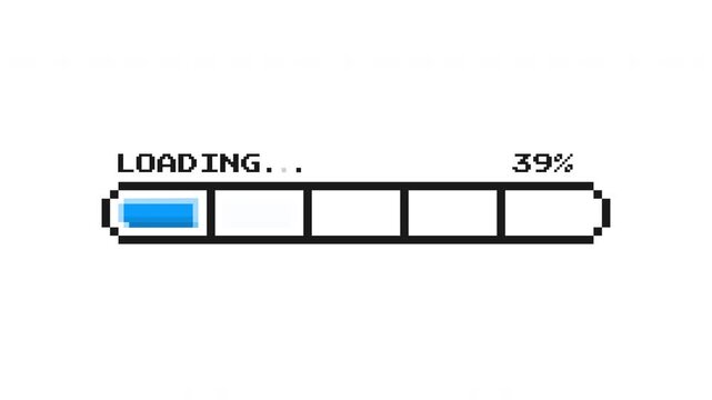 Blue pixel retro loading bar animation featuring crisp pixel blocks advancing in smooth motion ProRes Alpha Channel 4K 60fps