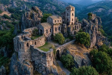Fototapeta premium Exploring an ancient fortress ruin in a scenic mountainous area