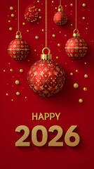Happy New Year 2026 Text Christmas Gold Sparkles Bokeh Defocused Effect Vertical Background