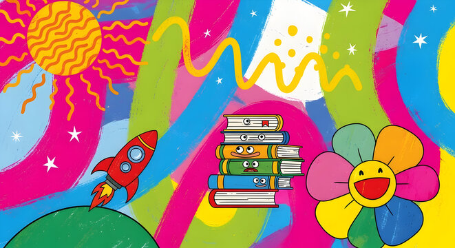 Colorful joyful cartoon scene with books flowers rainbow and sun.