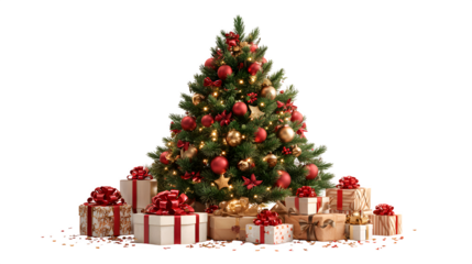 Classic Christmas tree with red and gold decorations, shiny baubles, and multiple presents neatly placed underneath, cheerful holiday theme, isolated on white background