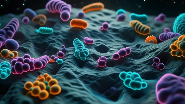 A vibrant, microscopic view of diverse bacteria and microorganisms on a textured surface.