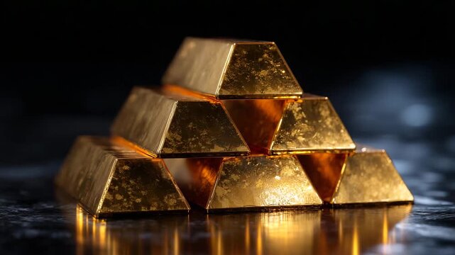 48Refined gold bars arranged in pyramid shape on reflective surface, elegant lighting symbolizing wealth and security