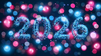 Happy New Year 2026 Text Christmas Gold Sparkles Bokeh Defocused Effect Background
