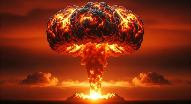 Massive nuclear mushroom cloud explosion with intense fire and smoke