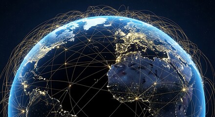 Global network of digital connections and lights encircling the earth at night