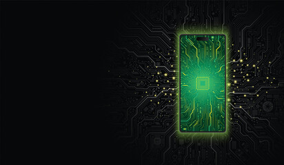 Mobile phone technology concept with glowing mobile phone icon in the center, electronic circuit pattern on the surface and surrounded by circuit pattern on dark black background.