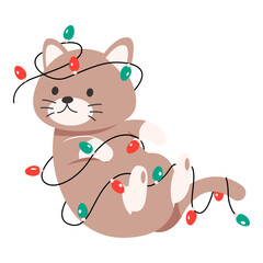 This cat entangled christmas light illustration is suitable for Christmas Cat.