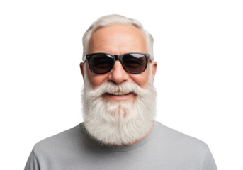 A cheerful elderly gentleman with a full white beard and stylish sunglasses smiles warmly isolated on transparent background