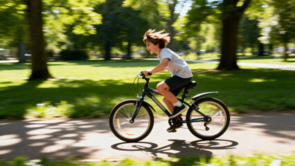 Child riding a bicycle on a paved path in a sunny park