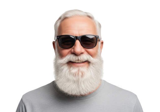 A cheerful elderly gentleman with a full white beard and stylish sunglasses smiles warmly isolated on transparent background