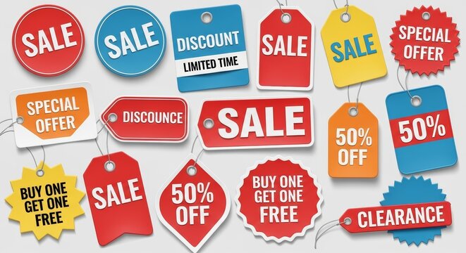Collection of sale tags, special offers, and discounts for retail promotion