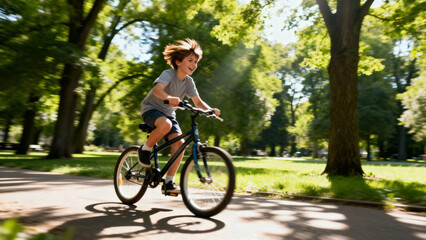 Child riding a bicycle on a paved path in a sunny park