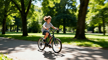 Child riding a bicycle on a paved path in a sunny park