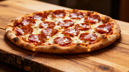 Pepperoni pizza with melted cheese and tomato sauce on a wooden cutting board
