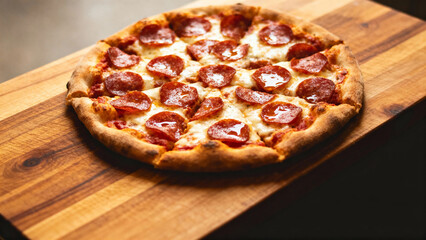Pepperoni pizza with melted cheese on a wooden cutting board