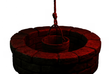 Stone well opening with wooden bucket, rope, and eerie red light, isolated on transparent background, conveying mystery and danger