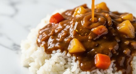 Close up shot of japanese curry being poured over a bed of white rice with vegetables