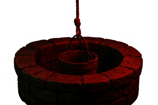 Stone well opening with wooden bucket, rope, and eerie red light, isolated on transparent background, conveying mystery and danger
