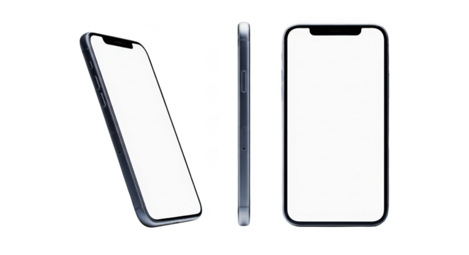 Three smartphone mockups isolated on transparent background