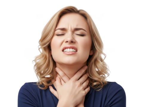 Young woman expressing discomfort and pain holding her throat with eyes closed isolated on transparent background
