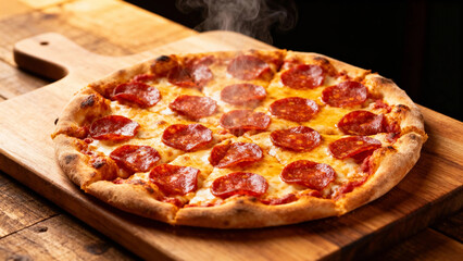 Freshly baked pepperoni pizza on a wooden cutting board with steam rising