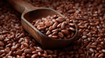 Fototapeta premium Wooden spoon filled with small, round, brown beans. the spoon is resting on top of a pile of more beans, which are scattered around the spoon.