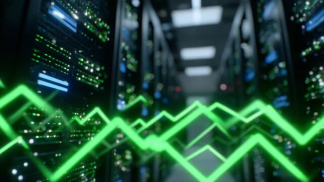 62Cinematic scene of server corridors glowing in green light, digital arrows projected into air symbolizing rising expenditure in global data economy - Powered by Adobe