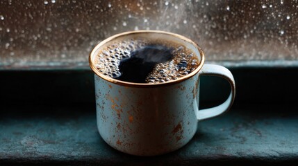 Close-up of a white ceramic mug with a handle on a window sill. the mug is filled with a dark liquid, which appears to be coffee or tea, and there are small bubbles floating on top of it.