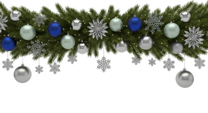 Christmas garland with blue, silver, and green baubles and snowflakes