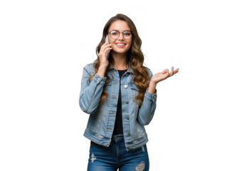Young woman with long brown hair wearing a denim jacket and jeans talking on a cell phone smiling isolated on transparent background