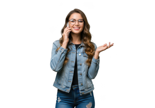 Young woman with long brown hair wearing a denim jacket and jeans talking on a cell phone smiling isolated on transparent background