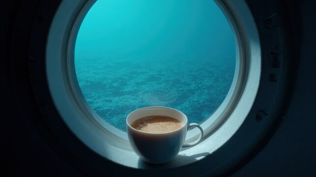 Fototapeta Round window with a view of the ocean. through the window, we can see the vast expanse of the water below. the water is a deep blue-green color and appears to be calm and still.