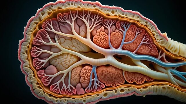 Cross-section of a pancreas showing acinar cells, ducts, and blood vessels.